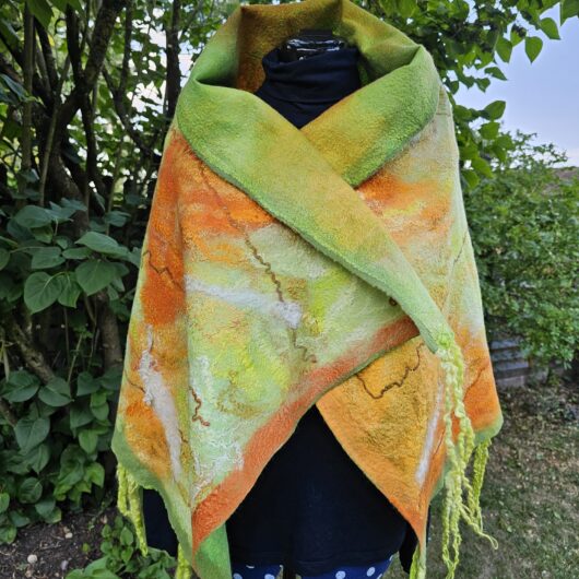Fine merino wrap in orange and green
